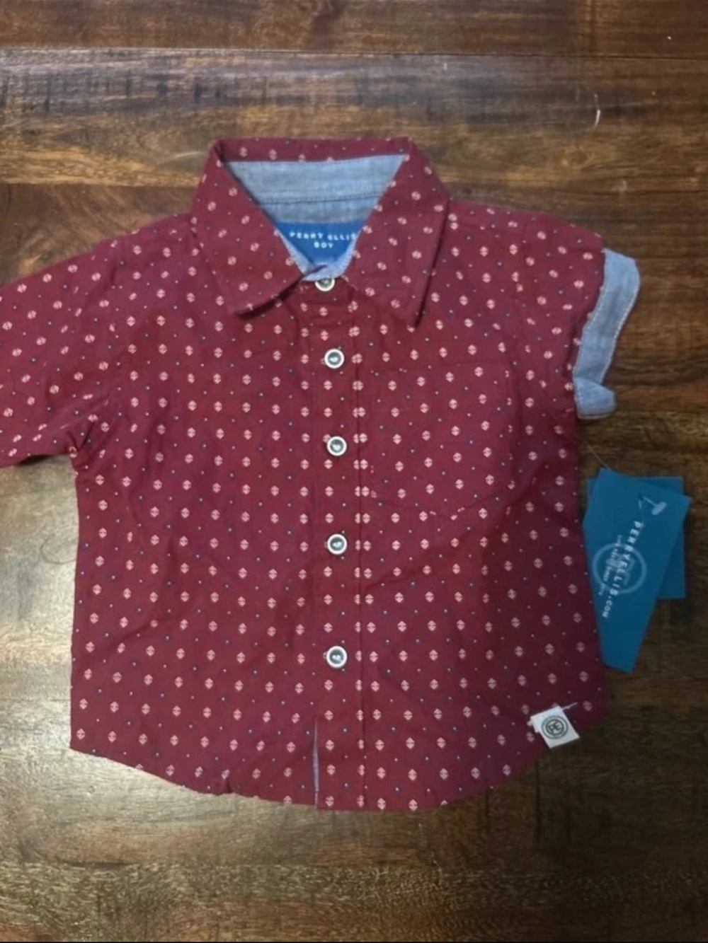 Perry Ellis Burgundy Short Sleeve Button-Down Shirt with Dot Print
